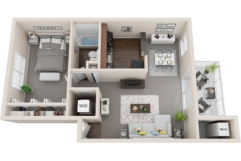 1 bed 1 bath, 735sf 3d floor plan  at Kenilworth at Charles Apartments, Towson